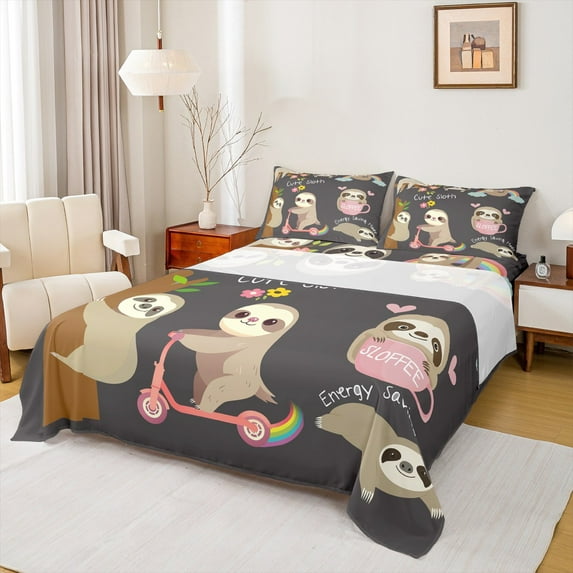 Manfei Kawaii Sloth Full Size Sheets for Teen, Cartoon Animal Lover Bed Sheets, Rainbow Flower Print Sheet Sets, Microfiber Bedroom Decor, 4 Pieces