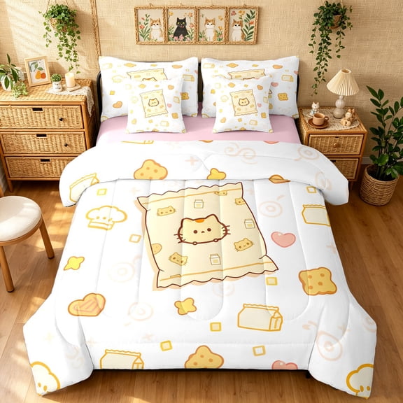 Manfei Kawaii Snack Kitten Full Size Bedding Sets, Cookie Milk Print Full Size Bed in a Bag, Cream Yellow, Pink Reversible, 7 Pieces