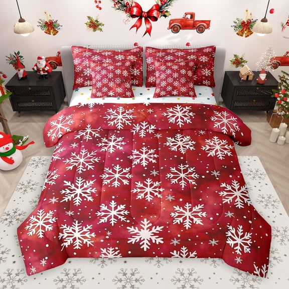 Manfei Kawaii Snowflake 7-Piece Bedding Comforter Set,Merry Christmas King Bedding Sets,Red White Bed Sheets For Kids,Breathable Home Decor Reversible