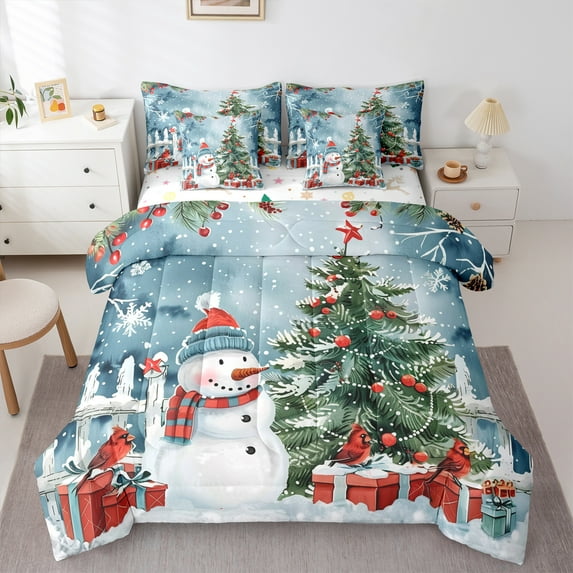 Manfei Kawaii Snowman 7pcs Bedding Comforter Set,Chic Christmas Tree Queen Bedding Sets,Green Red White Queen Sheet Sets For Girls Kids,Microfiber Bedroom Decor Reversible
