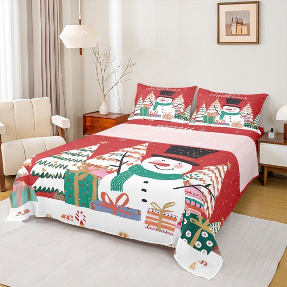 Manfei Kawaii Snowman Bed Sheets 4pcs for Kids, Christmas Tree Gifts King Sheets, Merry Xmas Sheet Set, Lightweight Room Decor