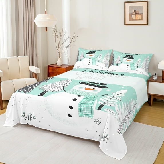 Manfei Kawaii Snowman Bed Sheets,Cyan White Black King Sheets,Merry Christmas Sheet Set For Girls Kids,Microfiber Bedroom Decor,4 Pieces