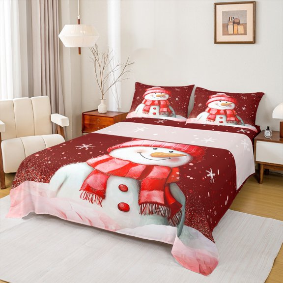Manfei Kawaii Snowman Bed Sheets,Happy New Year King Sheets,Merry Christmas Sheet Set For Girls Kids,Microfiber Bedroom Decor,4pcs