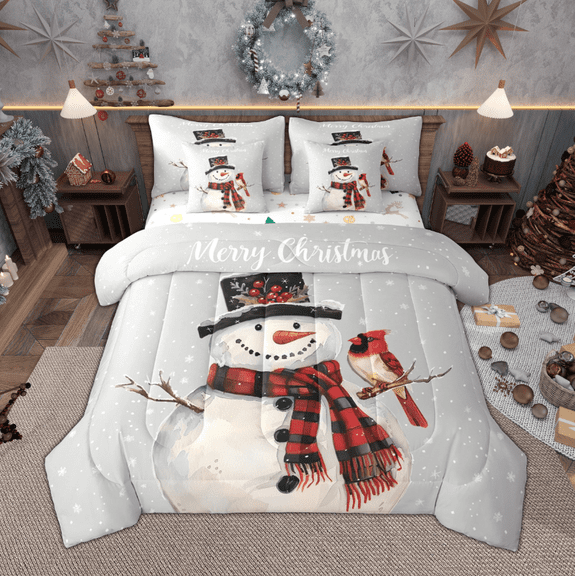 Manfei Kawaii Snowman Bedding Comforter Set 7pcs for Kids Children, Merry Christmas Full Bedding Set, Snow Cardinal Bird Fitted Sheet Flat Sheet, Gray Room Decor