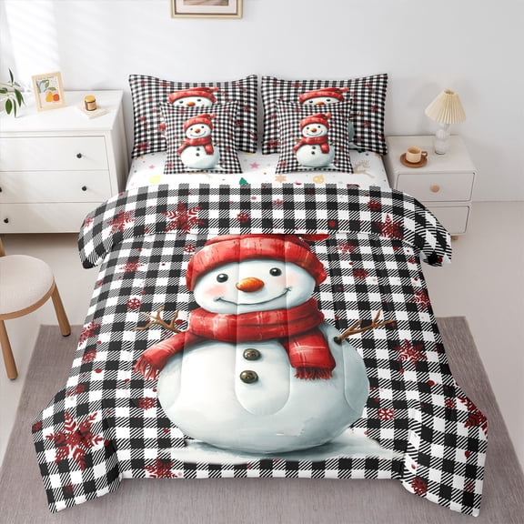 Manfei Kawaii Snowman Bedding Comforter Set 7pcs for Kids, Snowflake Buffalo Plaid Queen Bedding Sets, Merry Christmas Reversible Queen Sheet Sets, Super Cozy Room Decor