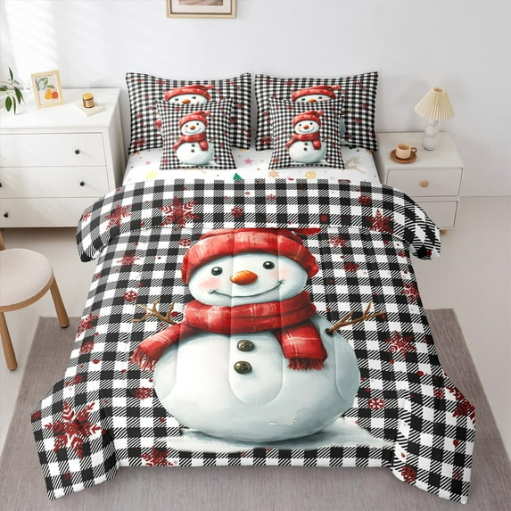 Manfei Kawaii Snowman Bedding Comforter Set 7pcs for Kids, Snowflake Buffalo Plaid Queen Bedding Sets, Merry Christmas Reversible Queen Sheet Sets, Super Cozy Room Decor