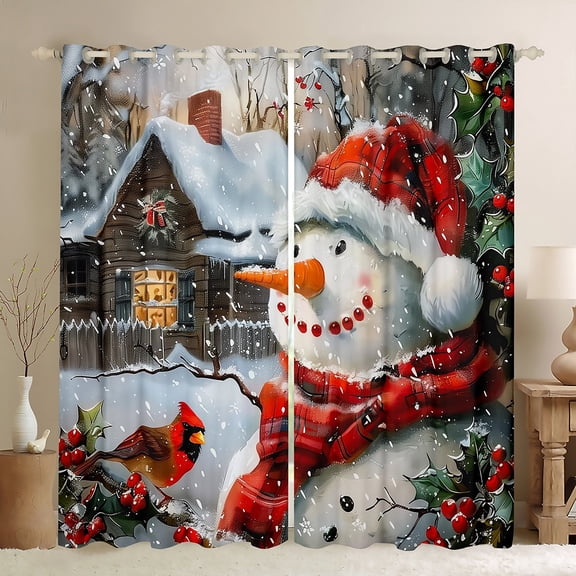 Manfei Kawaii Snowman Curtains Pack of 2 (42x84 Each) for Kids, Red Winter Robin Birds Curtains Blackout, Merry Christmas Bedroom Curtains, Window Curtains Bedroom Decor