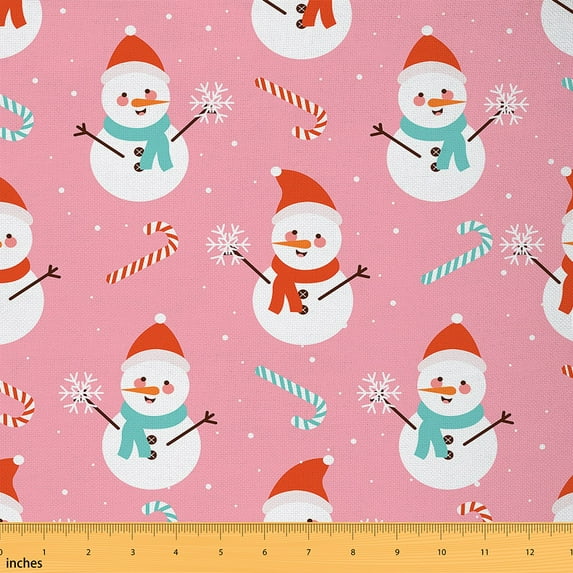 Manfei Kawaii Snowman Fabric by the Yard 1 Yard for Girls Cute Pink Sewing Fabric, Merry Xmas Happy New Year Gifts Room Decor Fabric by the Yard, Breathable Home Decor