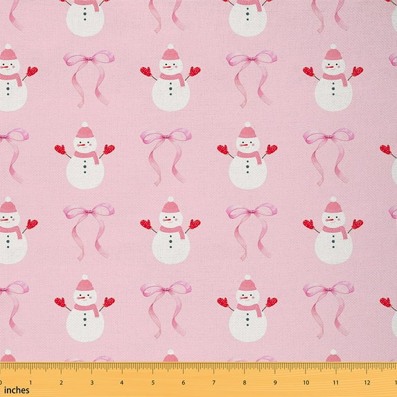 Manfei Kawaii Snowman Fabric by the Yard 1 Yard for Kids Girls, Dreamy Bowknot Bowtie Sewing Fabric, Merry Xmas Gifts Room Decor Fabric by the Yard, White Pink