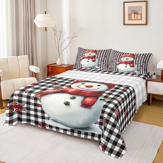 Manfei Kawaii Snowman Full Size Sheets for Kids, Snowflake Buffalo Plaid Bed Sheets, Merry Christmas Sheet Sets, Super Cozy Room Decor, 4-Piece