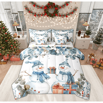 Manfei Kawaii Snowman Twin Bedding Sets 7-Piece for Kids, Winter Leaf Botanical Bedding Comforter Set, Merry Christmas Reversible Sheet Sets, Super Cozy Room Decor