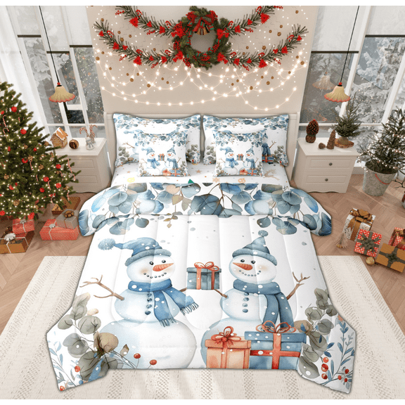 Manfei Kawaii Snowman Twin Bedding Sets 7-Piece for Kids, Winter Leaf Botanical Bedding Comforter Set, Merry Christmas Reversible Sheet Sets, Super Cozy Room Decor