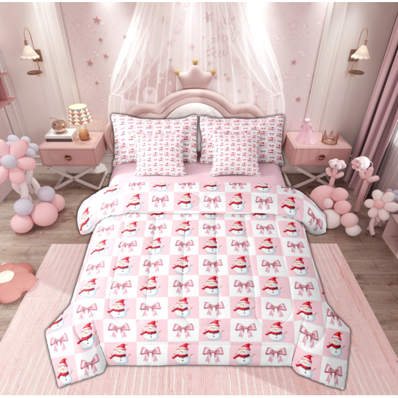 Manfei Kawaii Snowman Twin Bedding Sets 7-Piece for Teen, Girly Pink Buffalo Bedding Comforter Set, Cartoon Bowknot Christmas Reversible Sheet Sets, Super Cozy Room Decor