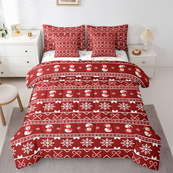 Manfei Kawaii Snowmen Snowflake 7-Piece Twin Bedding Sets,Kids Christmas Candy Cane Bedding Comforter Set,Red White Sheet Sets For Child,Microfiber Bedroom Decor Reversible