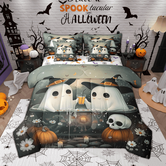 Manfei Kawaii Spooky Animal Bedding Comforter Set 7pcs for Kids, Happy Halloween Full Bedding Set, Daisy Pumpkin Skull Fitted Sheet Flat Sheet, Super Cozy Room Decor