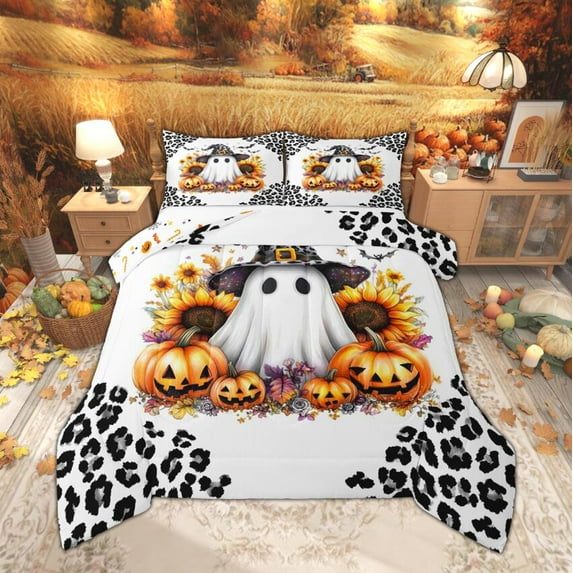Manfei Kawaii Spooky Animal Full Size Comforter Sets for Girls Boys, Halloween Pumpkin Sunflower Bedding Comforter Set, Leopard Cheetah Print Bedding Sets, Lightweight Room Decor, Reversible 3-Piece