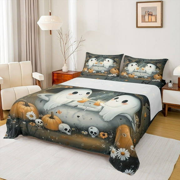Manfei Kawaii Spooky Animal Queen Sheet Sets 4-Piece for Kids, Happy Halloween Flat Sheet, Daisy Pumpkin Skull Queen Fitted Sheet, Microfiber Bedroom Decor