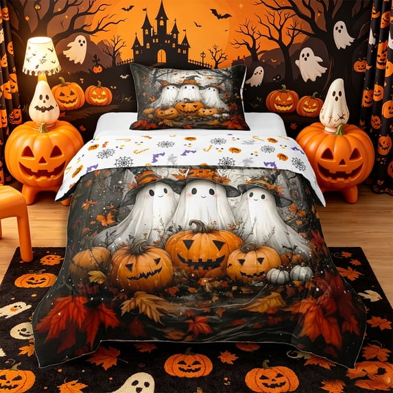 Manfei Kawaii Spooky Ghost Twin Comforter Sets 2pcs, Halloween Pumpkin Butterfly Bedding Set, Orange Black Gray,Reversible,1 Comforter and 1 Pillowcase