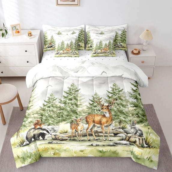 Manfei Kawaii Squirrel 7-Piece Twin Bedding,Cute Deer Bedding Comforter Set,Green,Reversible