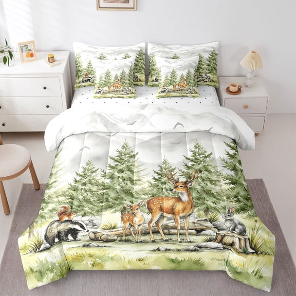 Manfei Kawaii Squirrel 7-Piece Twin Bedding,Cute Deer Bedding Comforter Set,Green,Reversible