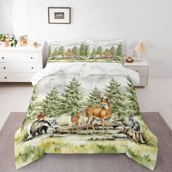 Manfei Kawaii Squirrel Queen Comforter Set,Cute Deer Comforter Sets Queen,Green,Reversible,3 Pieces,1 Comforter and 2 Pillowcases