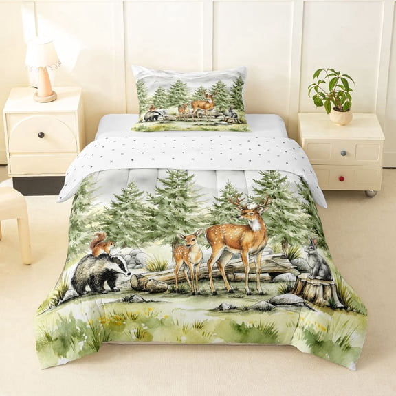 Manfei Kawaii Squirrel Twin Comforter Sets,Cute Deer Bedding Set,Green,Reversible,2pcs,1 Comforter and 1 Pillowcase