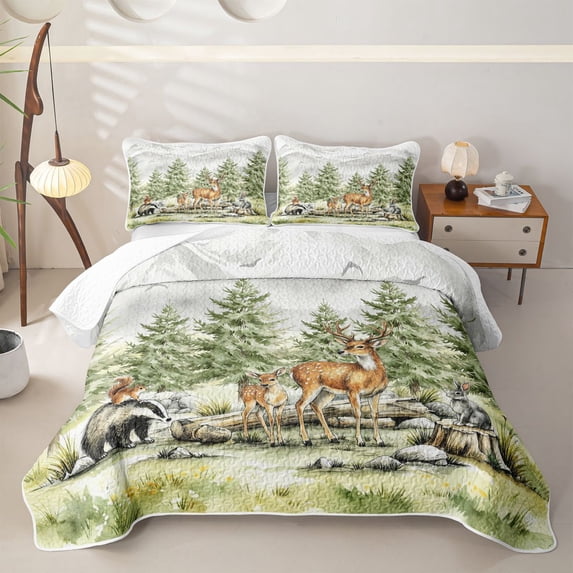 Manfei Kawaii Squirrel Twin Quilt Set,Cute Deer Twin Coverlet Set,Green,2-Piece