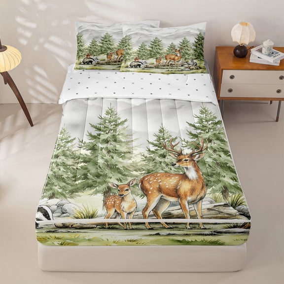 Manfei Kawaii Squirrel Zipper Twin Comforter Sets with Fitted Sheet and 2 Pillowcases,Cute Deer Zipper Bedding Set,Green,Reversible,4pcs