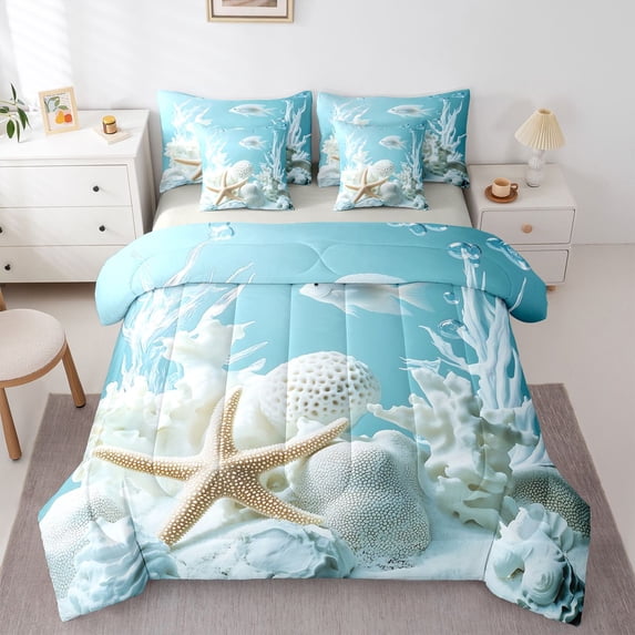 Manfei Kawaii Starfish 7-Piece Twin Bedding,Cute Sea Plant Bedding Comforter Set,White Blue,Light Gray Reversible