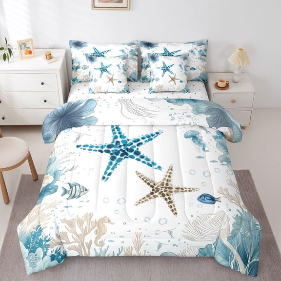 Manfei Kawaii Starfish 7 Pieces Full Size Bedding Sets,Calm Sea Plant Full Size Bed in a Bag,White Blue,Reversible