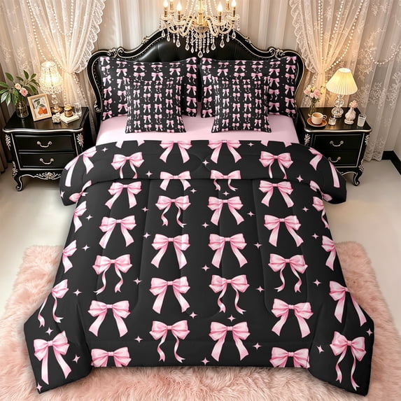 Manfei Kawaii Stars Bow Knot Bedding Comforter Set 7pcs for Kids Teens,Girls Women Cute Ribbon Bow Tie Queen Bedding Sets,Pink Reversible,Breathable Home Decor