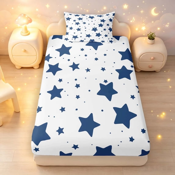 Manfei Kawaii Stars Fitted Sheet Full,Boys Friendly Style Bed Set,White Blue,3 Pieces