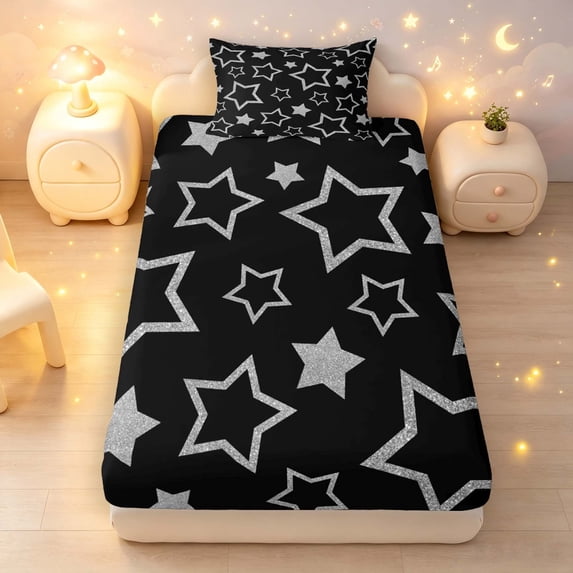 Manfei Kawaii Stars Fitted Sheet Queen,Playful Design Bedding,Black Gray,3-Piece