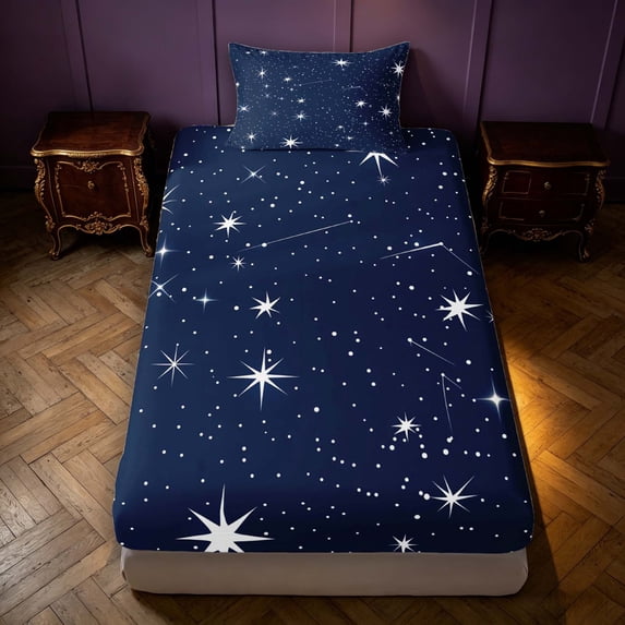 Manfei Kawaii Stars Galaxy Twin Fitted Sheet,Cute Cartoon Themed Bedding,Navy White,2pcs
