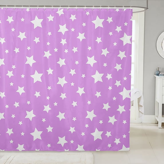 Manfei Kawaii Stars Polka Dot Shower Curtain 72Wx84L,Girls Friendly Style Bathroom Shower Curtain,Lavender White