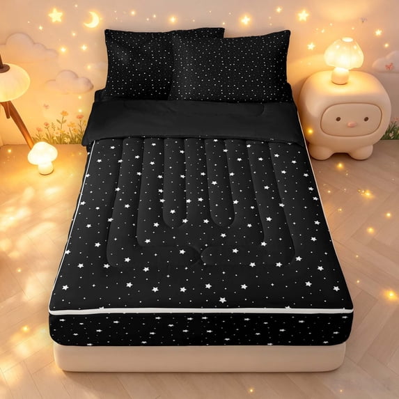 Manfei Kawaii Stars Polka Dot Zipper Full Size Comforter Sets with Fitted Sheet and 2 Pillowcases,Galaxy Theme Zipper Bedding Set,Black White,Black Reversible,4pcs