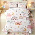 thumbnail image 1 of Manfei Kawaii Stars Rainbow Bed Spread Queen, Cartoon Leaf Plant Queen Coverlet Set, Pink Orange, 3pcs, 1 Quilt and 2 Pillowcases, 1 of 7