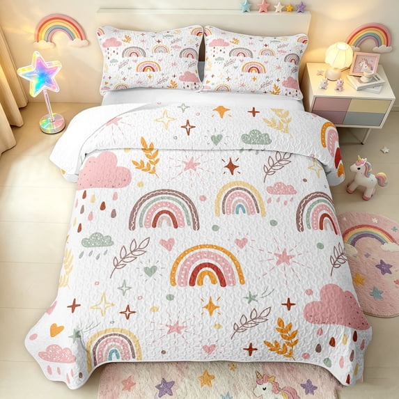 Manfei Kawaii Stars Rainbow Bed Spread Queen, Cartoon Leaf Plant Queen Coverlet Set, Pink Orange, 3pcs, 1 Quilt and 2 Pillowcases