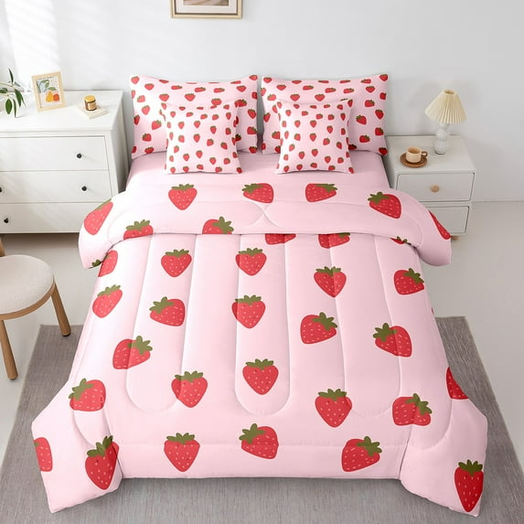 Manfei Kawaii Strawberry 7pcs Bedding Comforter Set,Red Pink Queen Bedding Sets Super Cozy,Cartoon Fruit Queen Sheet Sets,Microfiber Kids Bedroom Decor,Reversible