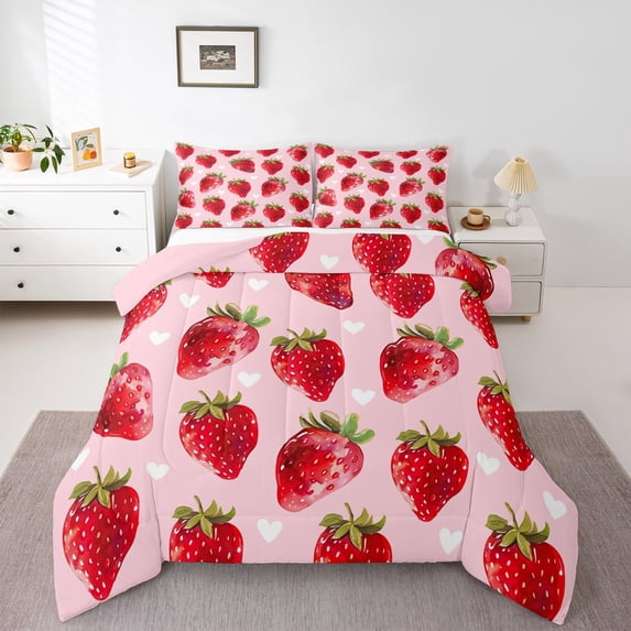 Manfei Kawaii Strawberry Bedding Comforter Set,Red Fruit Twin Comforter Sets,Heart Print Bedding Set,Breathable Bedroom Decor Reversible,2-Piece