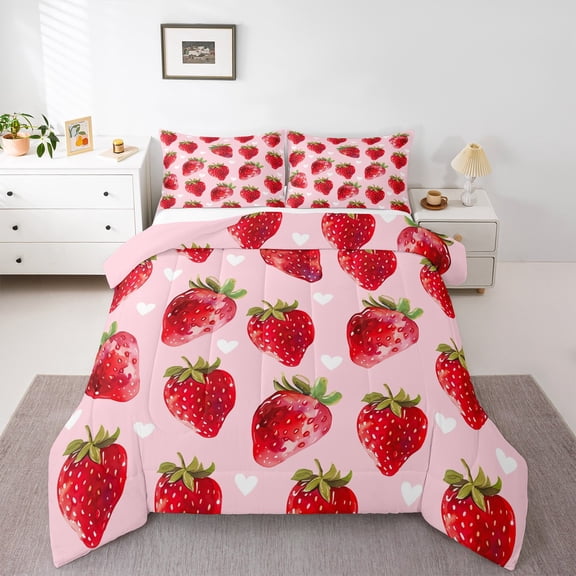 Manfei Kawaii Strawberry Bedding Comforter Set,Red Fruit Twin Comforter Sets,Heart Print Bedding Set,Breathable Bedroom Decor Reversible,2-Piece