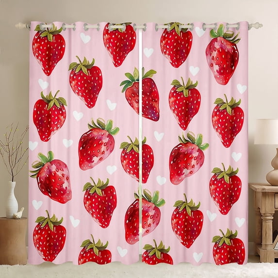 Manfei Kawaii Strawberry Blackout Curtains Set of 2 (52x84 Each),Red Fruit Window Curtains,Heart Print Curtains and Drapes,Breathable Bedroom Decor