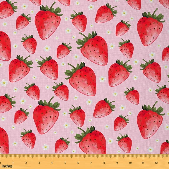 Manfei Kawaii Strawberry Fabric by the Yard (1 Yard), Cute Fruit Decorative Fabric by the Yard, White Blossoms Flowers Florals Sewing & Crafting Fabric