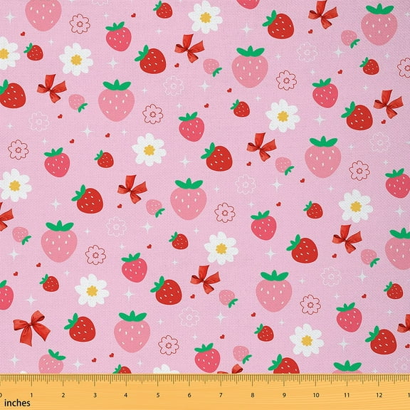 Manfei Kawaii Strawberry Fabric by the Yard 2 Yards, Red Bow Knot Room Decor Fabric by the Yard for Girls, Pink Groovy Floral Fabric for Sewing, Microfiber Bedroom Decor