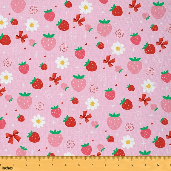 Manfei Kawaii Strawberry Fabric by the Yard 5 Yards, Red Bow Knot Home Decor Fabric by the Yard for Girls, Pink Groovy Floral Sewing Fabric, Microfiber Bedroom Decor