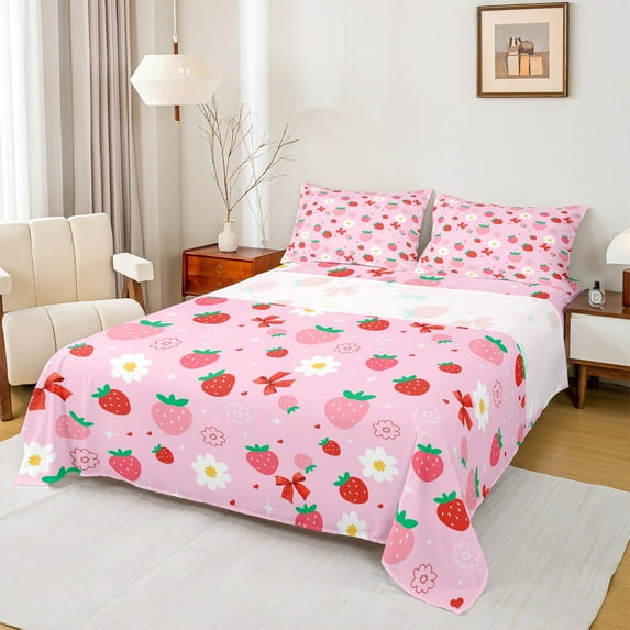 Manfei Kawaii Strawberry Full Size Sheets, Red Bow Knot Bed Sheets for Girls, Pink Groovy Floral Sheet Sets, Microfiber Bedroom Decor 4 Pieces