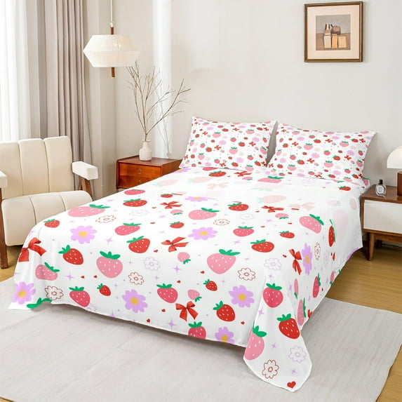 Manfei Kawaii Strawberry Twin Sheet Sets, Red Bow Knot Twin Fitted Sheet for Girls, Pink Groovy Floral Flat Sheet, Super Cozy Room Decor 3 Pieces
