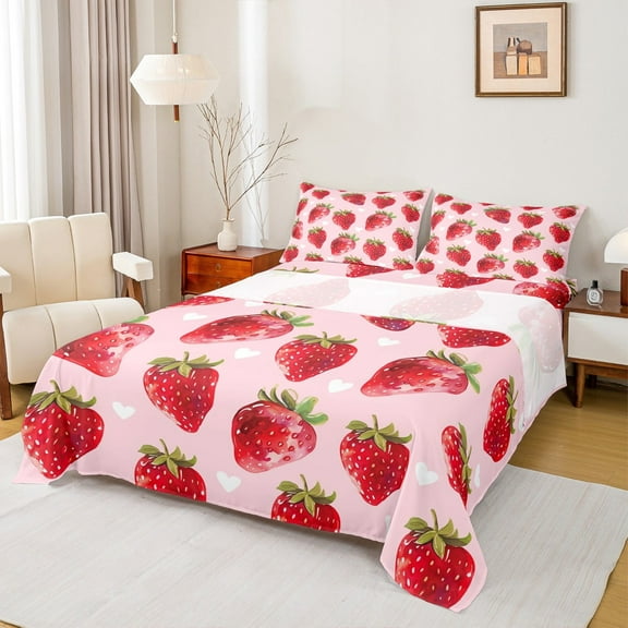 Manfei Kawaii Strawberry Twin Sheet Sets,Red Fruit Twin Fitted Sheet,Heart Print Flat Sheet,Breathable Bedroom Decor,3-Piece