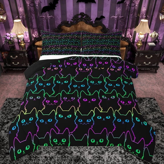 Manfei Kawaii Stripe Kitten Bedding Comforter Set,Cartoon Cat Twin Comforter Sets,Blue Purple Black Bedding Set For Girls Boys,Ultra Soft Home Decor Reversible,2 Pieces