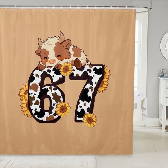 Manfei Kawaii Sunflowers Cattle Shower Curtain 72Wx72L,Number 67 Graphic Cow Print Bathroom Curtain,Beige White